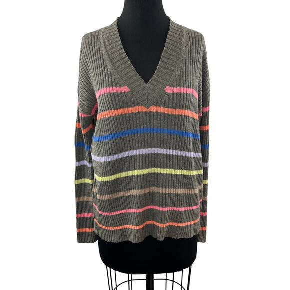 LISA TODD Gray S Sweater Linen Rainbow Striped Rib V-Neck Long Sleeve Pullover - Picture 1 of 8